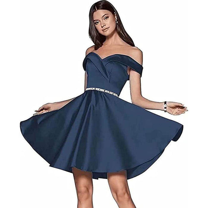 Short Beaded Satin A- Line Evening Gown Ball Gown - Magellan Fashion Shop