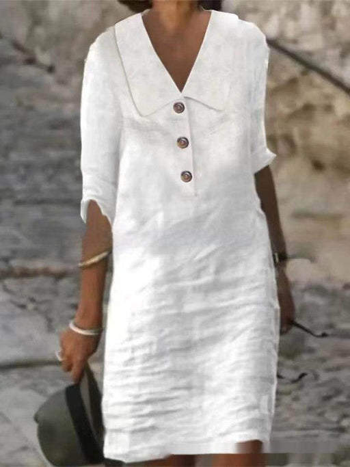 Solid Color Women's Cotton And Linen Buttons Casual V-neck Dress - Magellan Fashion Shop