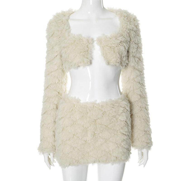 Wrapped Chest Long Sleeve Furry Coat Skirt Outfit - Magellan Fashion Shop