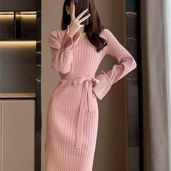 Bell Sleeve Solid Color Knitted Dress Autumn And Winter - Magellan Fashion Shop