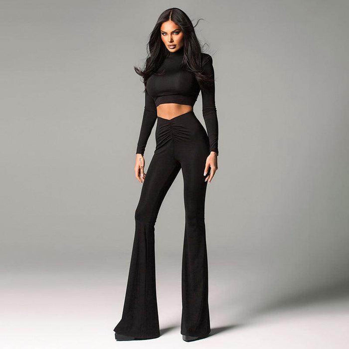 Padded Shoulder Long Sleeve Top High Waist Trousers Suit - Magellan Fashion Shop