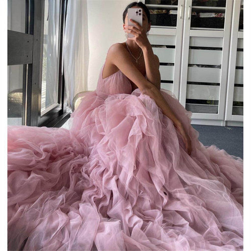 Evening Gown Prom Irregular Spaghetti-strap Mesh Long Dress - Magellan Fashion Shop