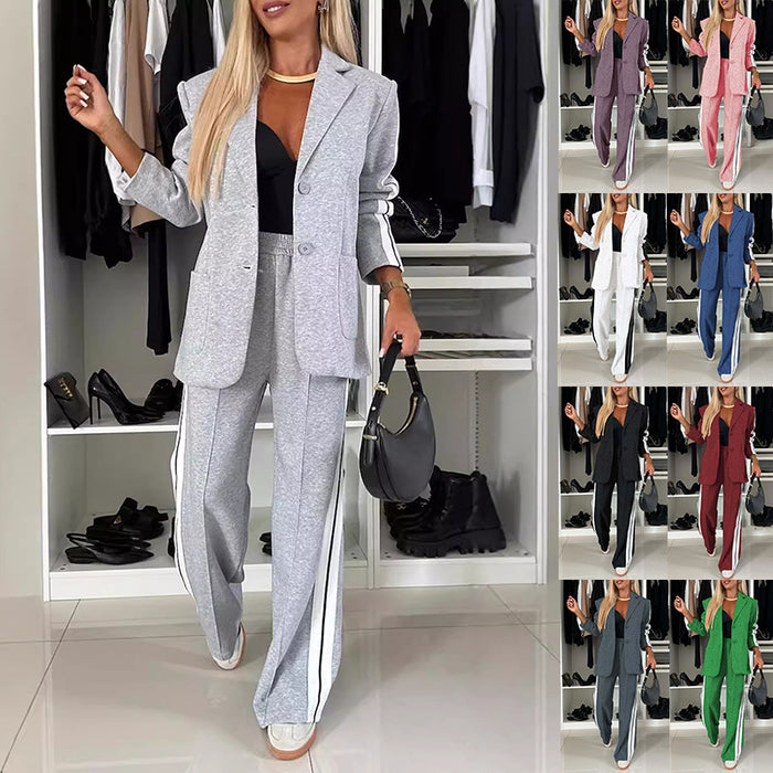 Women's Casual Suit Lapel Single-breasted Jacket And Striped Straight Pants