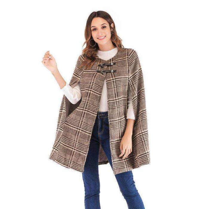 Women's leather button plaid cape coat in polyester fabric with button details