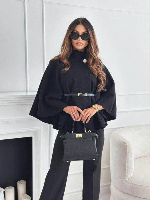 New Stand Collar Batwing Sleeves Cloak Top With Belt Ins Fashion Temperament Jacket Woolen Sweater Outwear For Women Clothing - Magellan Fashion Shop
