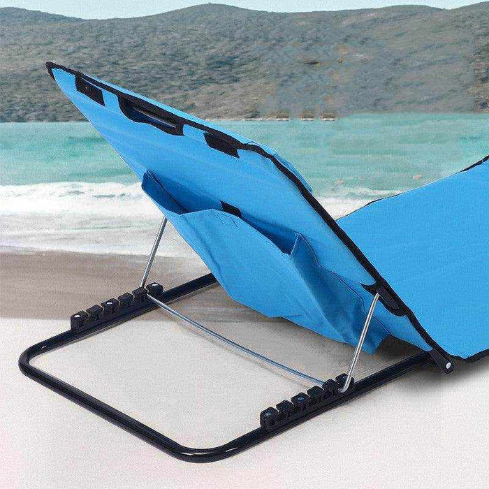 Foldable blue and orange outdoor beach mat made of durable 600D Oxford cloth with adjustable reclining positions and carrying straps