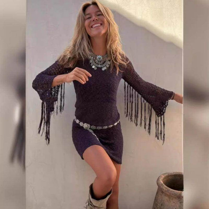 Autumn Tassel Sexy Cutout Pullover Long Sleeve Dress - Magellan Fashion Shop