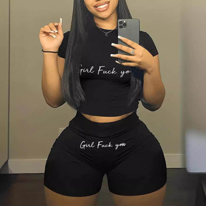 Women's Printed Sports Letter Print Short-sleeve Shorts Casual Two-piece Suit - Magellan Fashion Shop