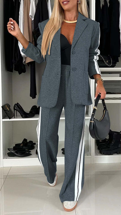 Women's Casual Suit Lapel Single-breasted Jacket And Striped Straight Pants