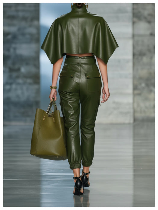 Olive Green Faux Leather Crop Top & High-Waist Belted Pants Set