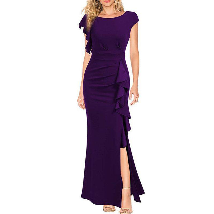 High Waist Slit Dress Elegant Fashion Round Neck Commuting Style Dress Evening Party Dress - Magellan Fashion Shop