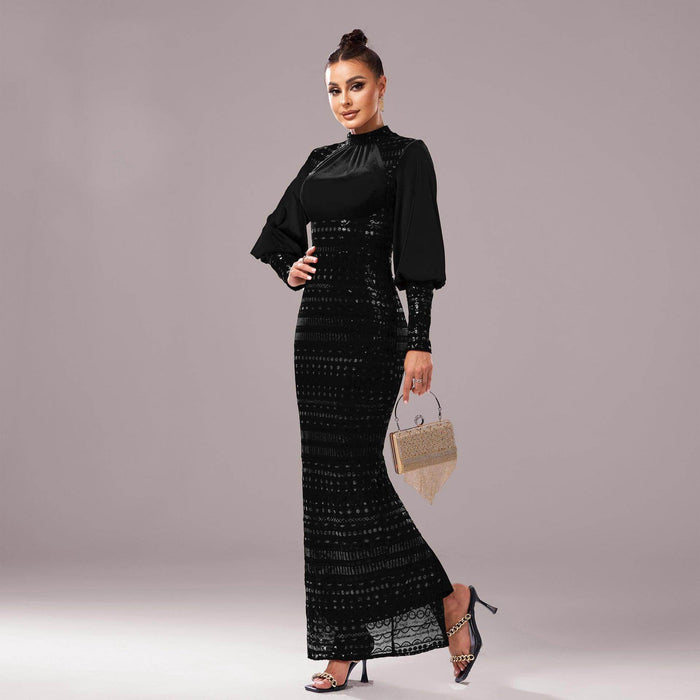 Long Sleeve Round Neck Sequins Slit Evening Dress - Magellan Fashion Shop