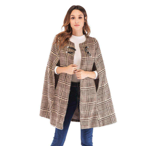 Women’s leather button plaid cape coat made of polyester with button details
