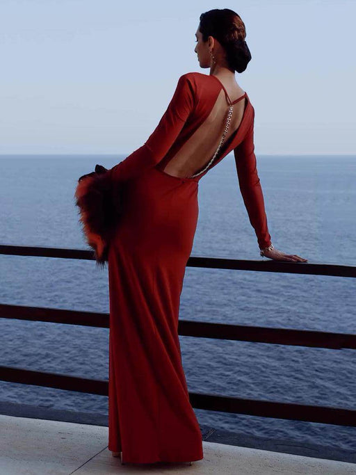 Burgundy Red Backless Chain Long Sleeve Dress - Magellan Fashion Shop