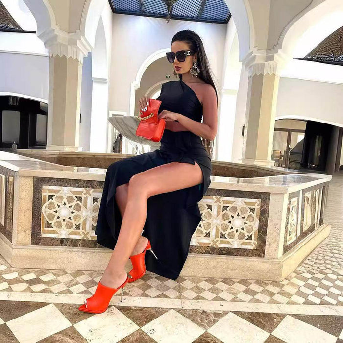 Women's Long Sleeved Hollow Slit Elastic Sloping Shoulder Dress - Magellan Fashion Shop