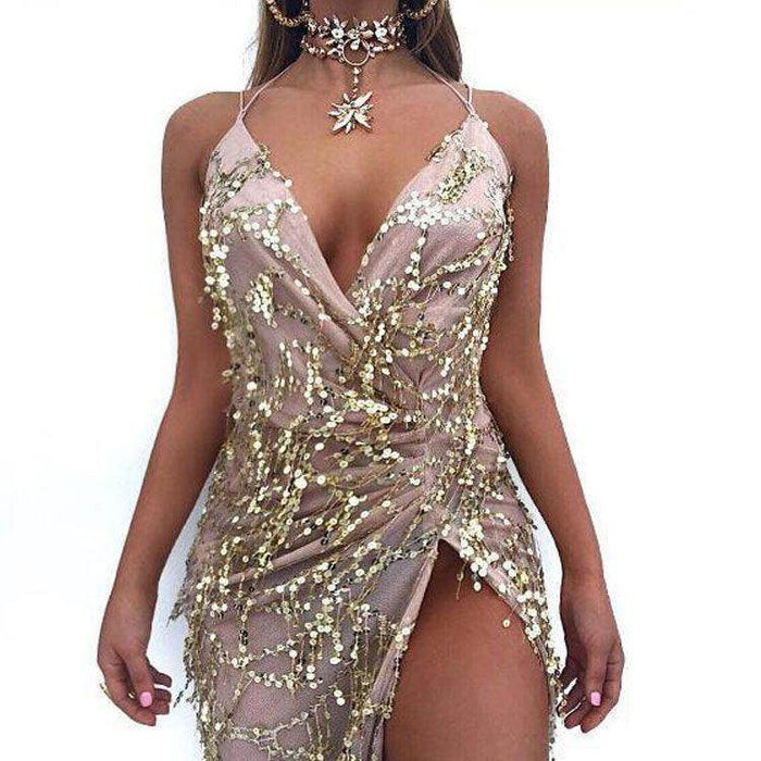 V-neck sexy halter strap sequin dress - Magellan Fashion Shop