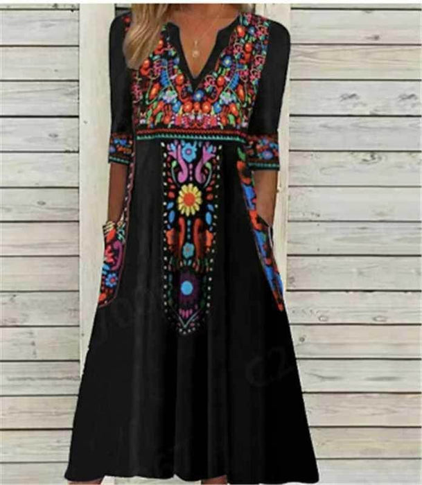 Pocket Bohemian Printed 34 Sleeves Dress Women - Magellan Fashion Shop