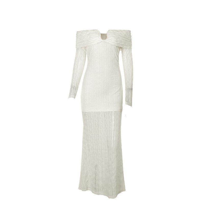 Special-shaped Metal Buckle Off-shoulder Long Sleeve Dress - Magellan Fashion Shop