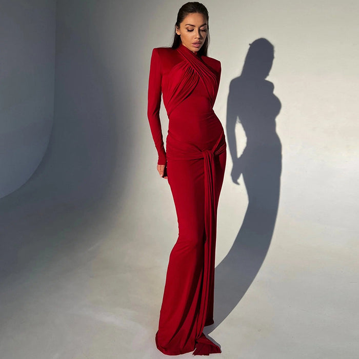 Cinched Waist Slim-fit Long Sleeve Padded Shoulder Long Elegant Dress