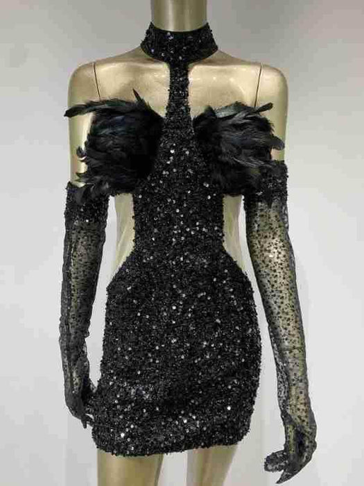 Dress Halter Feather Sequins Short Hip Skirt With Gloves Dress - Magellan Fashion Shop