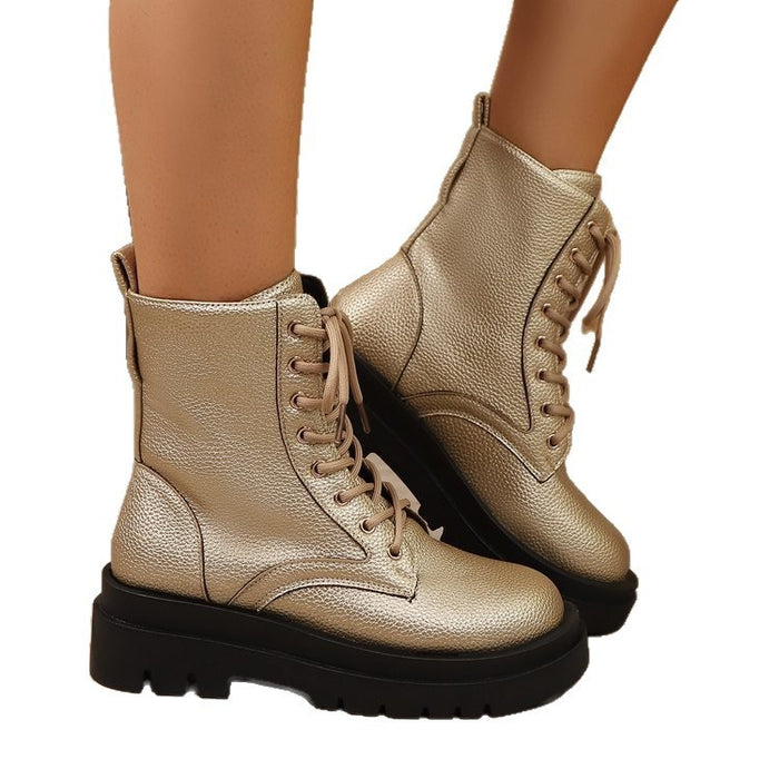 Leather Short Tube Lace Up Round Toe Platform