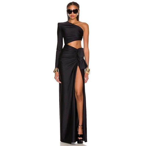 Women's Long Sleeved Hollow Slit Elastic Sloping Shoulder Dress - Magellan Fashion Shop