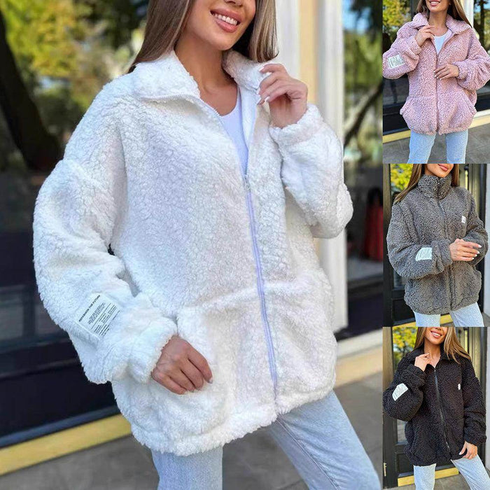 Winter Zipper Jacket Fashion Lapel Plush Cardigan Coat With Pockets Women's Clothing - Magellan Fashion Shop