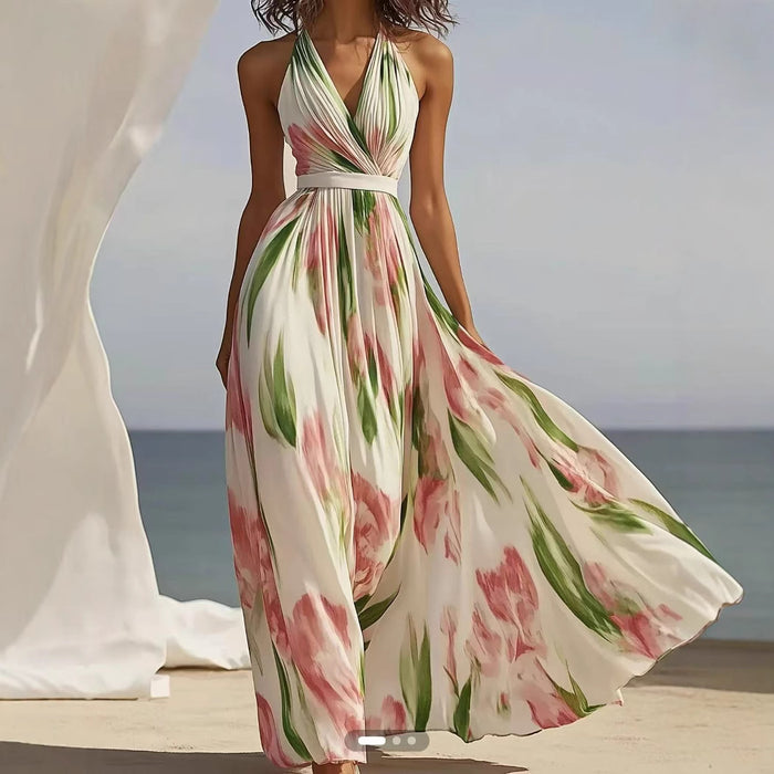 Summer New V-neck Fashion Printed Sling Long Dress - Magellan Fashion Shop
