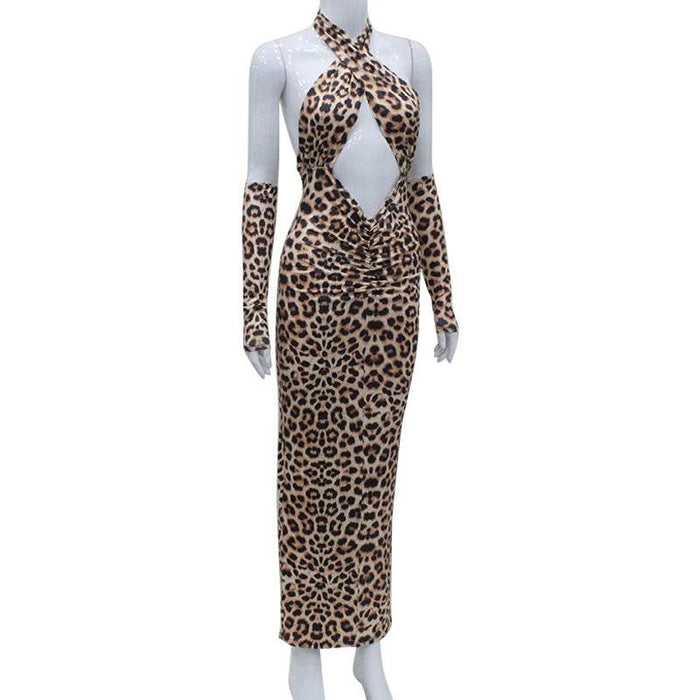Leopard Print Cross Hollow Out Strap Backless High Waist Dress - Magellan Fashion Shop