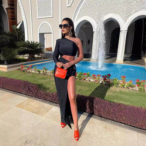 Women's Long Sleeved Hollow Slit Elastic Sloping Shoulder Dress - Magellan Fashion Shop