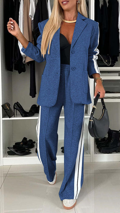 Women's Casual Suit Lapel Single-breasted Jacket And Striped Straight Pants