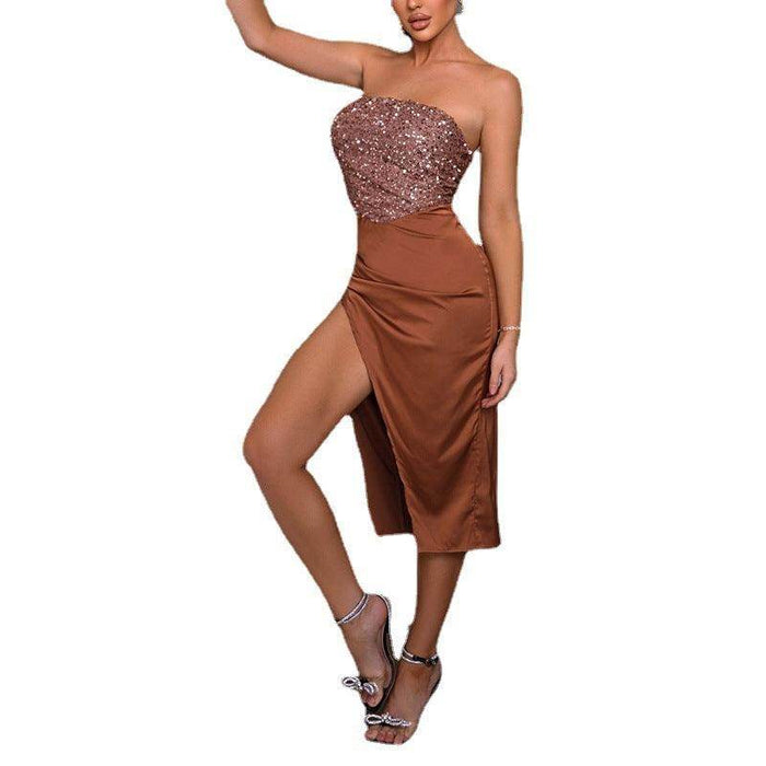 Sexy Tube Top Temperament High Slit Pure Color Sequins Evening Dress - Magellan Fashion Shop