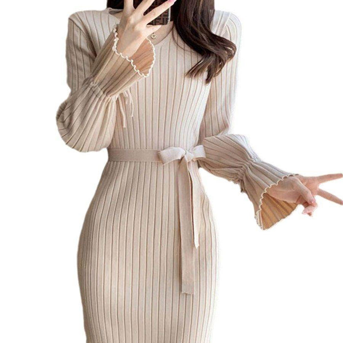 Bell Sleeve Solid Color Knitted Dress Autumn And Winter - Magellan Fashion Shop