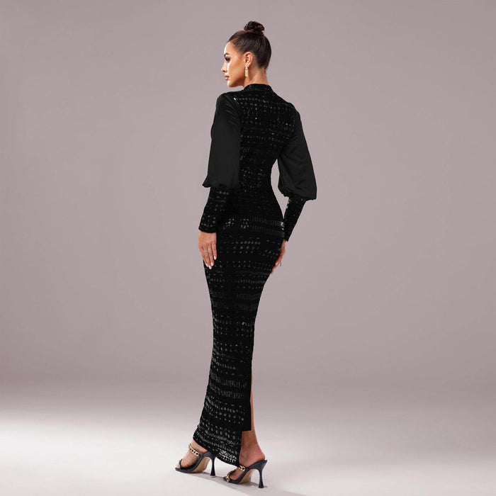 Long Sleeve Round Neck Sequins Slit Evening Dress - Magellan Fashion Shop
