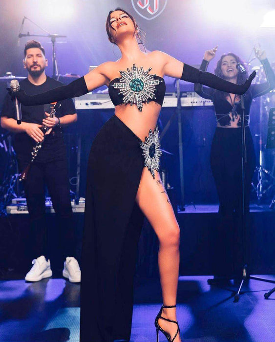 Shiny Rhinestone Tube Top High Slit Skirt Bandage Suit - Magellan Fashion Shop