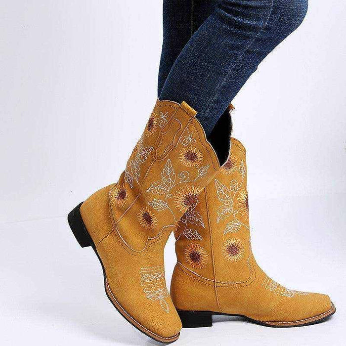 Cowboy Boots Women Sunflower Embroidery Shoes Low Heel Western Boot - Magellan Fashion Shop