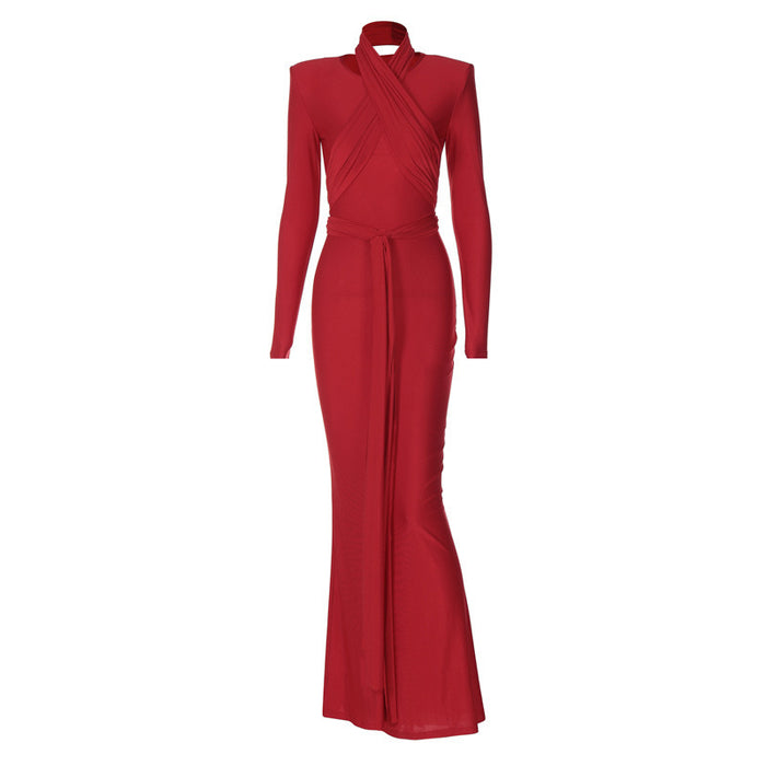 Cinched Waist Slim-fit Long Sleeve Padded Shoulder Long Elegant Dress