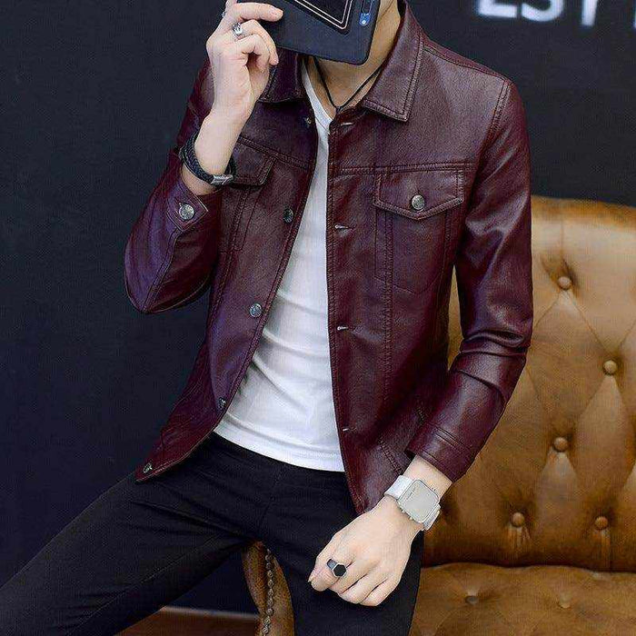 Men's burgundy motorcycle leather jacket with button front and chest pockets