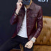 Men's burgundy motorcycle leather jacket with button front and chest pockets