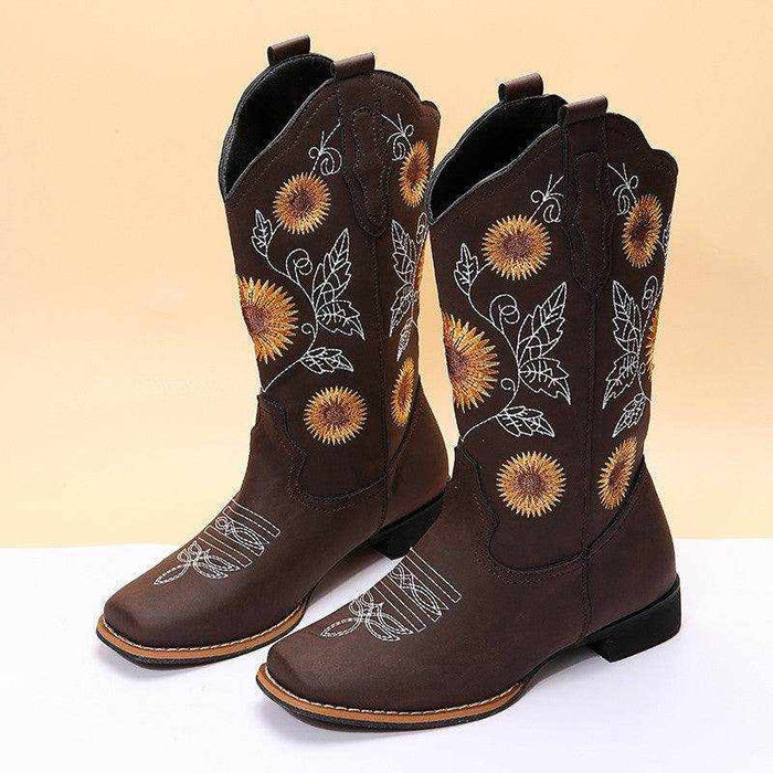 Cowboy Boots Women Sunflower Embroidery Shoes Low Heel Western Boot - Magellan Fashion Shop
