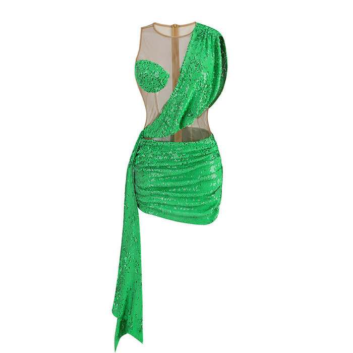 Sexy See-through Sequins  Shoulder Stitching Dress