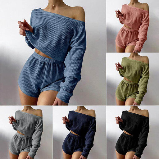 Pajamas Off-shoulder Top Shorts Breathable Waffle Casual Homewear Suit - Magellan Fashion Shop