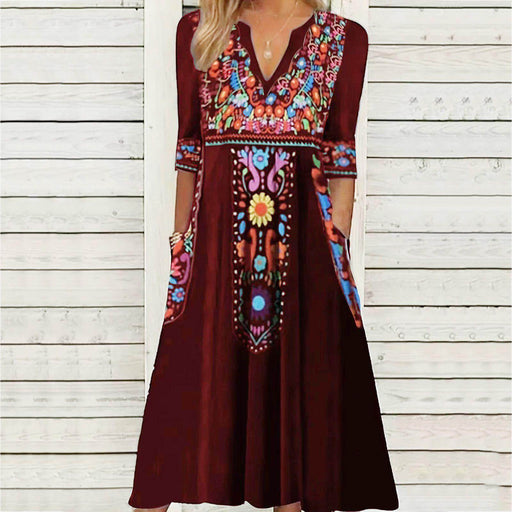Pocket Bohemian Printed 34 Sleeves Dress Women - Magellan Fashion Shop