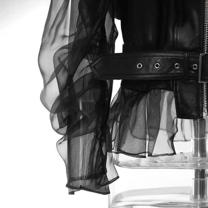 Domineering Stitching Mesh Transparent Leather Coat Motorcycle Jacket - Magellan Fashion Shop