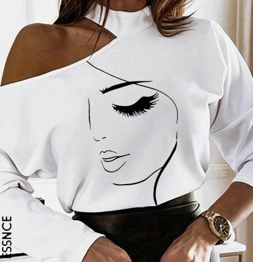 Women's White Long Sleeve T-Shirt With Cartoon Line Pattern & Open Shoulder - Magellan Fashion Shop