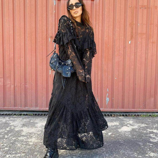 Sexy Lace Pattern Hollow Out See-through Round-neck Long-sleeved Dress - Magellan Fashion Shop