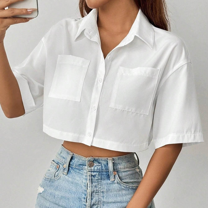 Shoulder Pocket Patched Crop Shirt Short Sleeve Tops - Magellan Fashion Shop