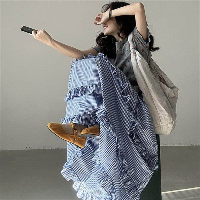 Plaid Elastic Waist Ruffled Tiered Skirt Long Dress For Women - Magellan Fashion Shop