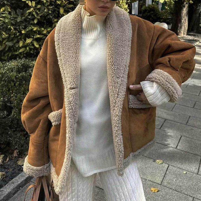 Lapel Woolen Coat With Pockets Winter Fashion Loose Suede Short Top Women's Clothing - Magellan Fashion Shop