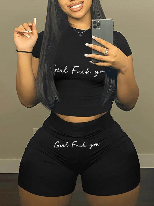 Women's Printed Sports Letter Print Short-sleeve Shorts Casual Two-piece Suit - Magellan Fashion Shop